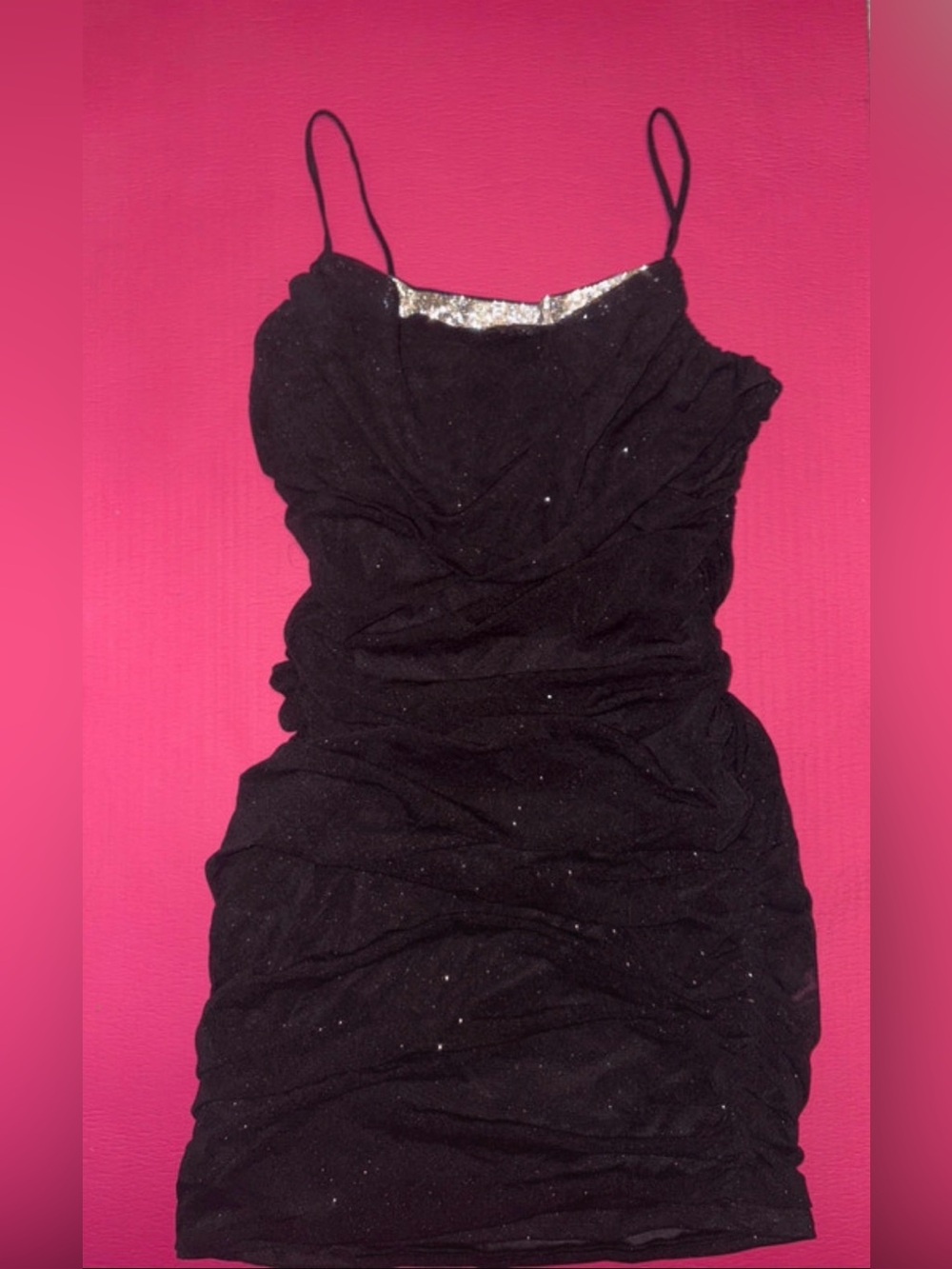 Vintage Black Sequin Ruched Mini Dress with Gold Trim